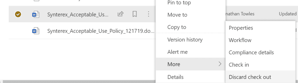 Screenshot of a SharePoint site showing the More > Discard Check Out setting