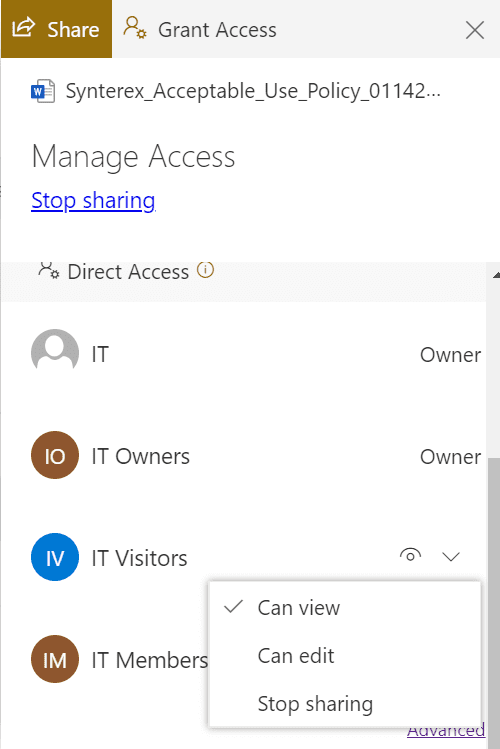 Screenshot of a SharePoint site showing user permissions