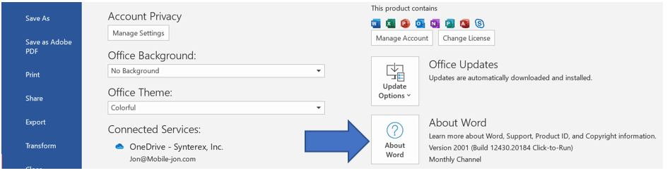 Screenshot of Microsoft Office File > Account settings